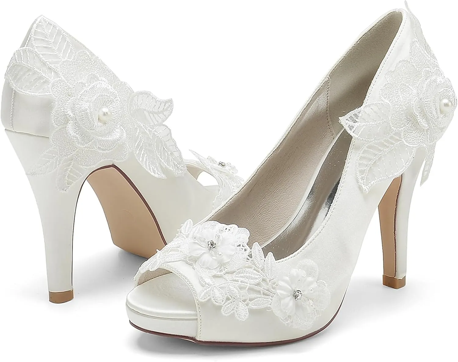 Roimaash Elegant Flower Wedding Pumps Platform Peep Toe Embroidery Lace