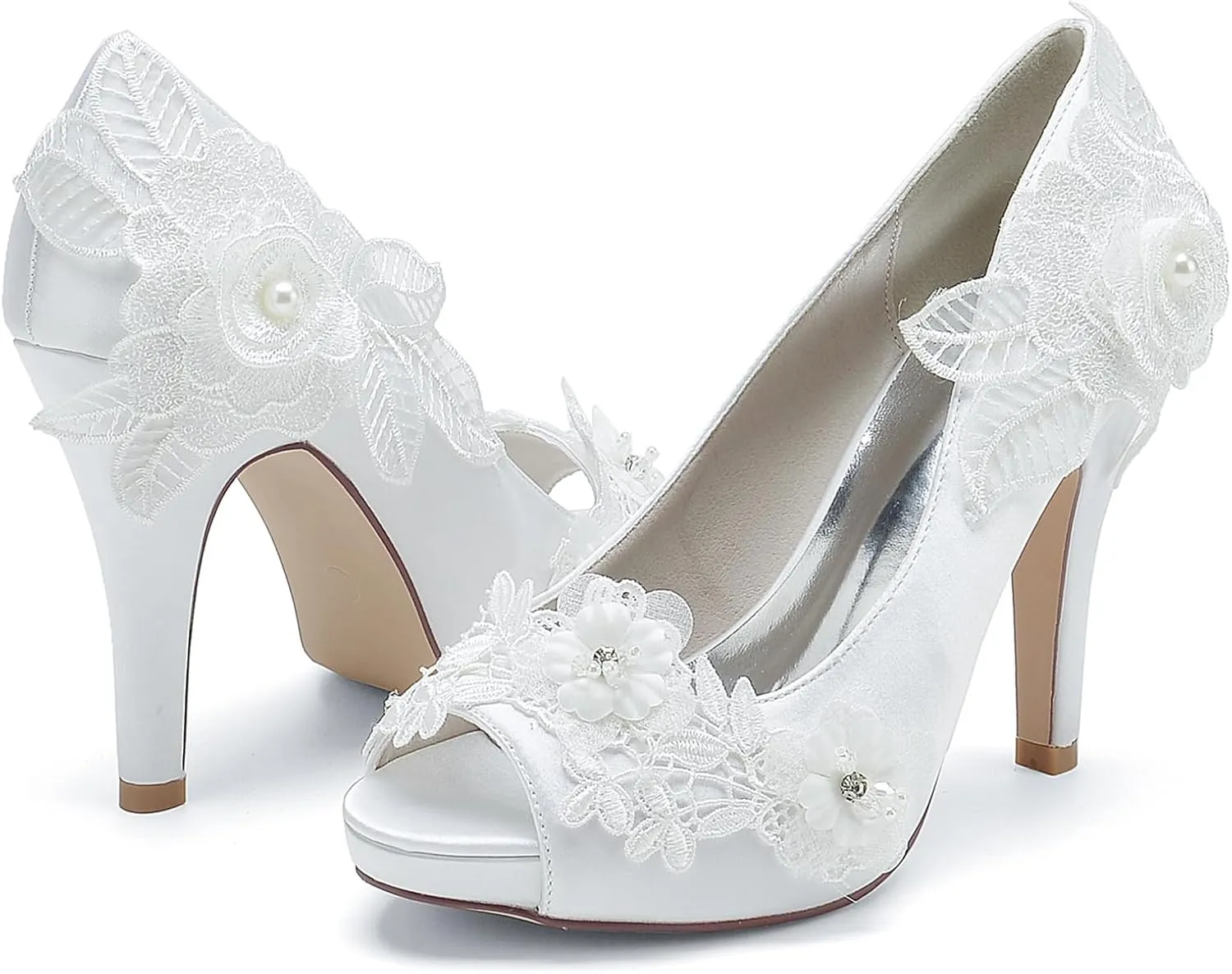 Roimaash Elegant Flower Wedding Pumps Platform Peep Toe Embroidery Lace
