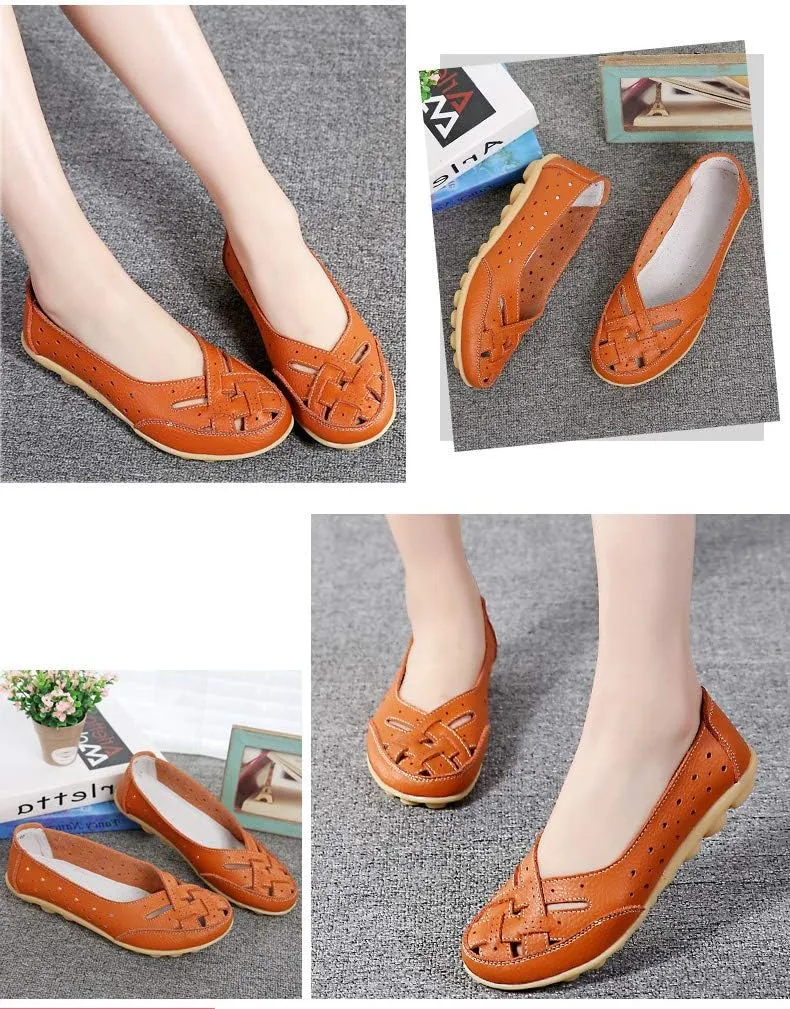 Rojeam Women's Casual Leather Moccasins Slip-on Loafers Boat Shoes Flats Driving Shoes Sandals
