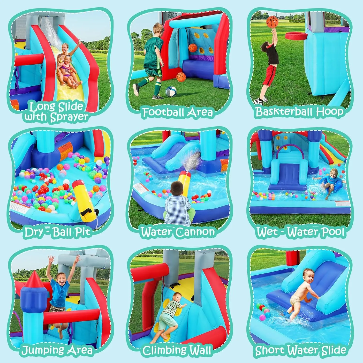 ROOJER Inflatable Water Slide Bounce House for Kids Backyard 10-in-1 Blow Up Water Park with Blower, Splash Pool, Climbing Wall & Multi-Sport Games | Summer Indoor Outdoor Play & Party Gifts