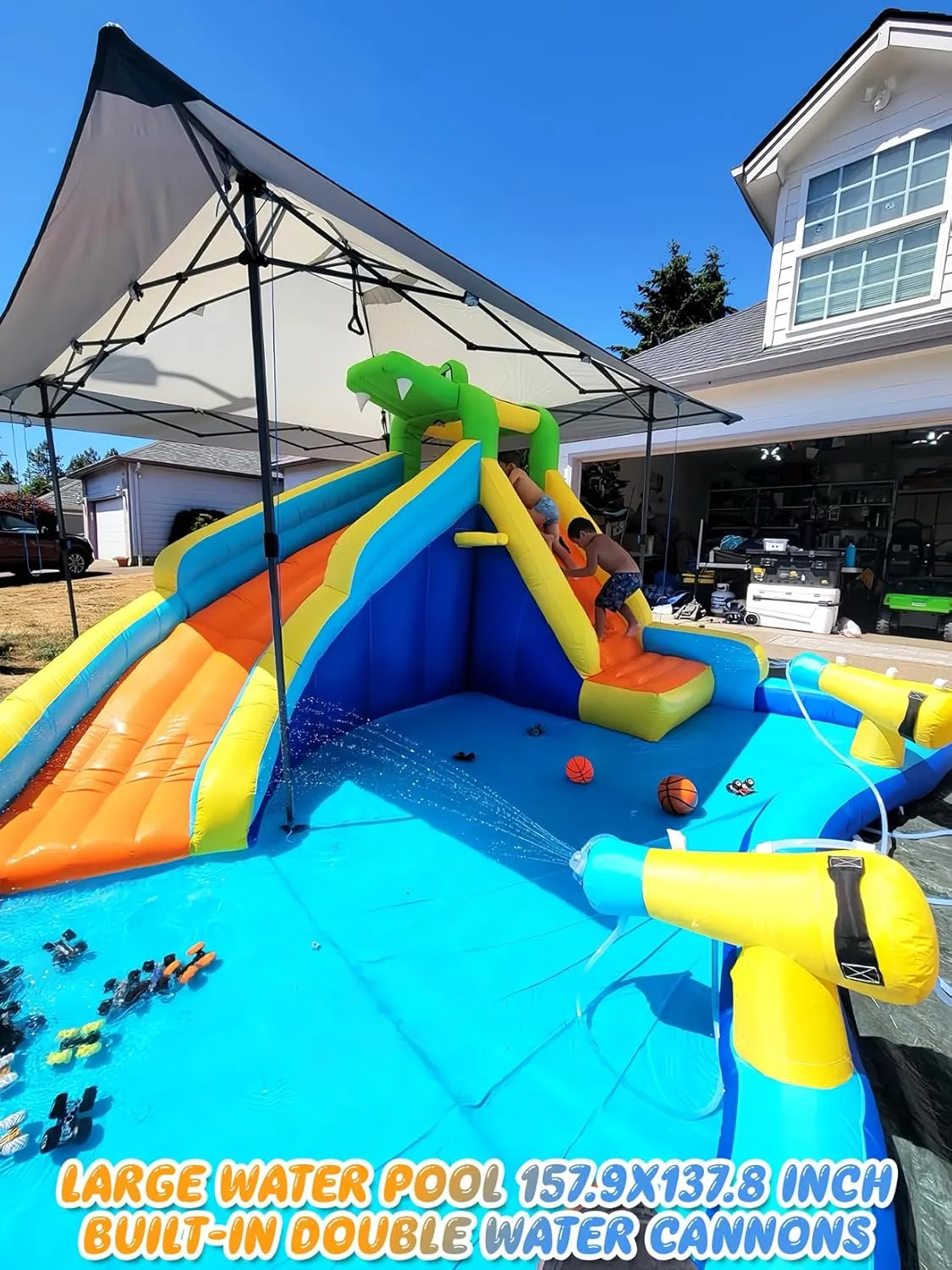 ROOJER Inflatable Water Slide Park for Kids Backyard 8-in-1 Blow Up Crocodile Spray Slide with 450W Blower, Splash Pool, Climbing Wall, Water Cannon, Basketball Hoop for Summer Outdoor Play Party Gift