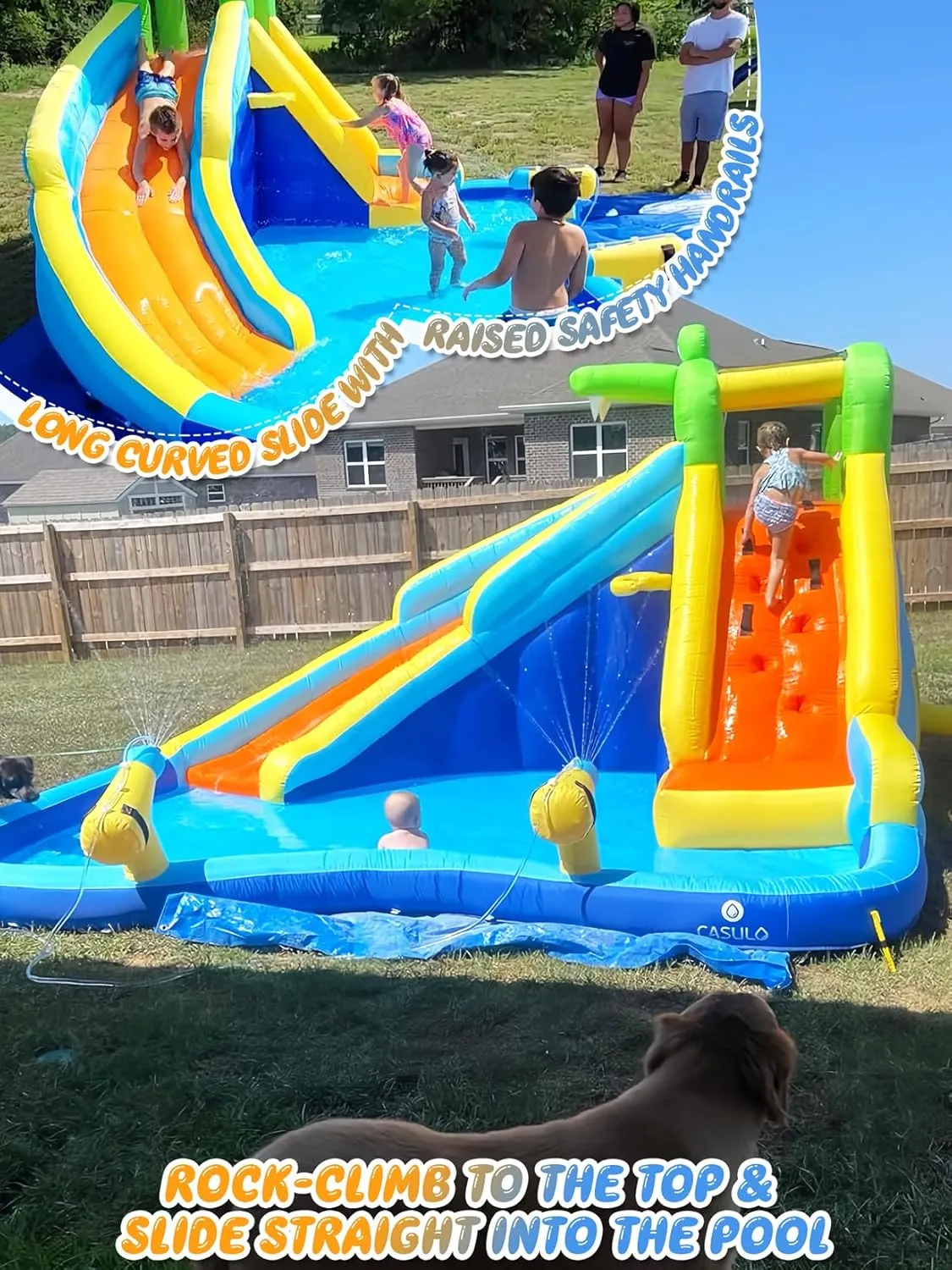ROOJER Inflatable Water Slide Park for Kids Backyard 8-in-1 Blow Up Crocodile Spray Slide with 450W Blower, Splash Pool, Climbing Wall, Water Cannon, Basketball Hoop for Summer Outdoor Play Party Gift