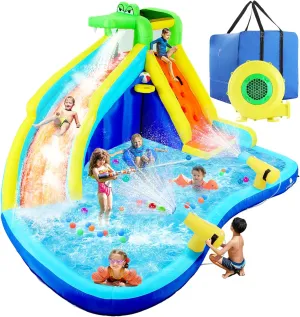 ROOJER Inflatable Water Slide Park for Kids Backyard 8-in-1 Blow Up Crocodile Spray Slide with 450W Blower, Splash Pool, Climbing Wall, Water Cannon, Basketball Hoop for Summer Outdoor Play Party Gift