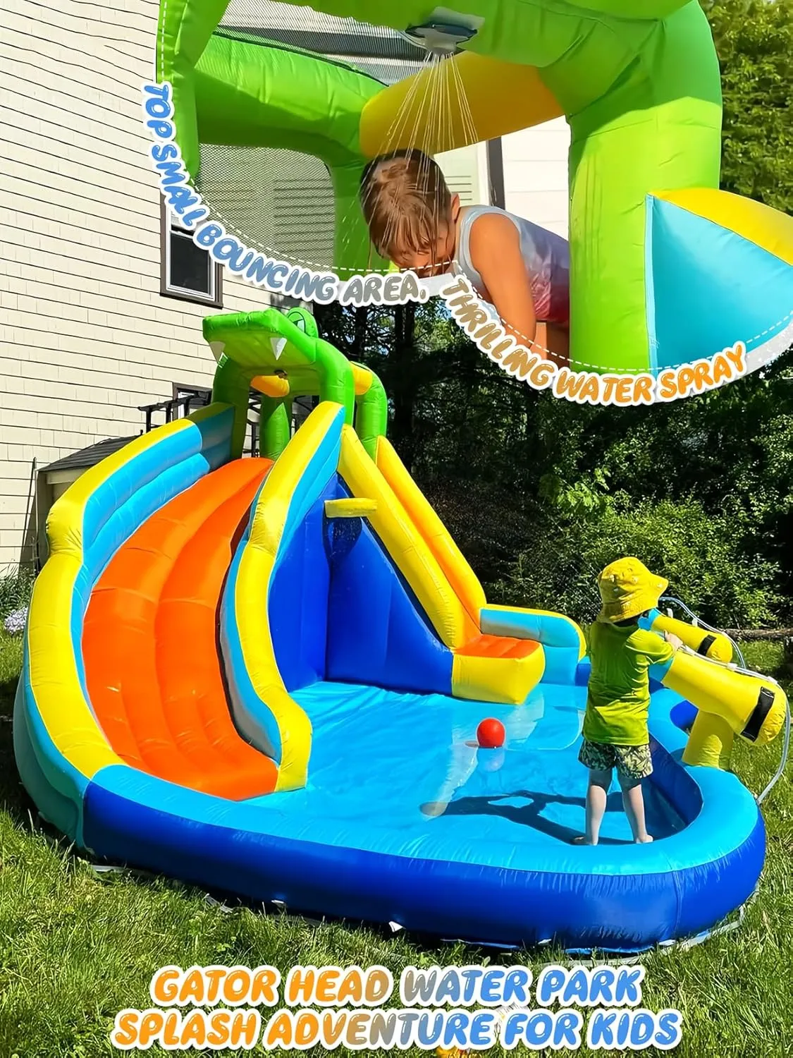ROOJER Inflatable Water Slide Park for Kids Backyard 8-in-1 Blow Up Crocodile Spray Slide with 450W Blower, Splash Pool, Climbing Wall, Water Cannon, Basketball Hoop for Summer Outdoor Play Party Gift