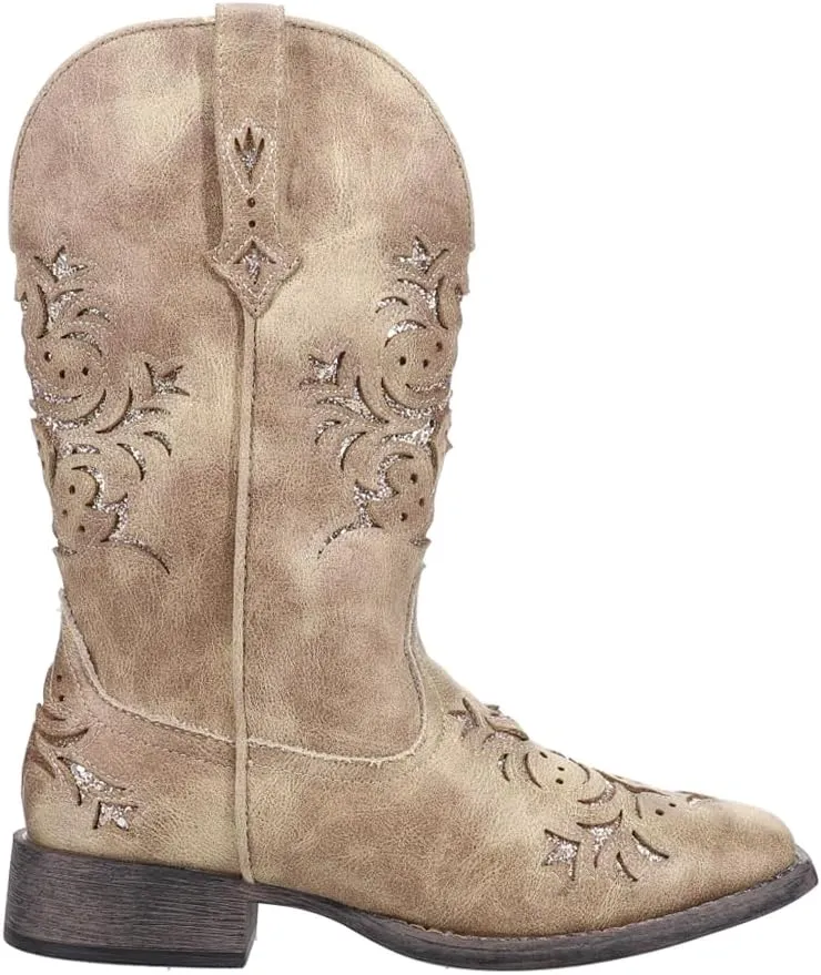 ROPER Womens Kennedy Glitter Tooled Inlay Square Toe Pull On Casual Boots Mid Calf Low Heel 1-2" - Brown