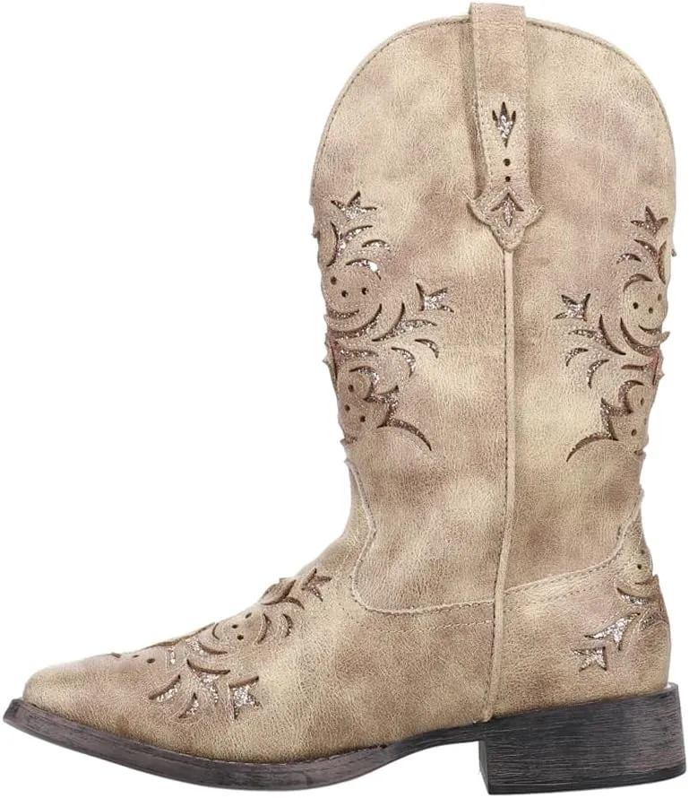 ROPER Womens Kennedy Glitter Tooled Inlay Square Toe Pull On Casual Boots Mid Calf Low Heel 1-2" - Brown
