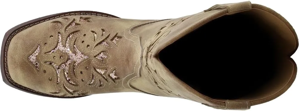 ROPER Womens Kennedy Glitter Tooled Inlay Square Toe Pull On Casual Boots Mid Calf Low Heel 1-2" - Brown