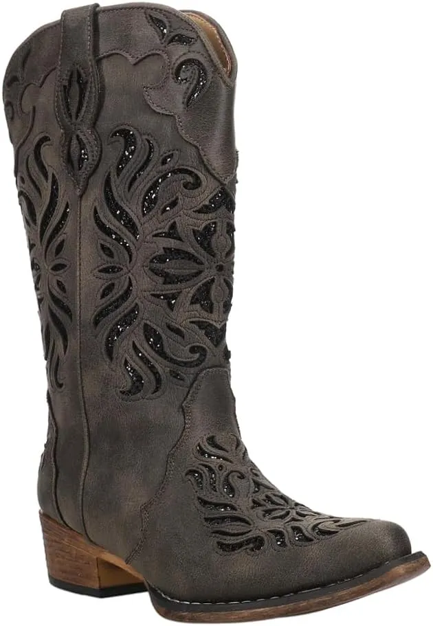 ROPER Womens Riley Glitter Tooled Inlay Snip Toe Casual Boots Mid Calf Low Heel 1-2" - Off White