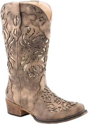 ROPER Womens Riley Glitter Tooled Inlay Snip Toe Casual Boots Mid Calf Low Heel 1-2" - Off White