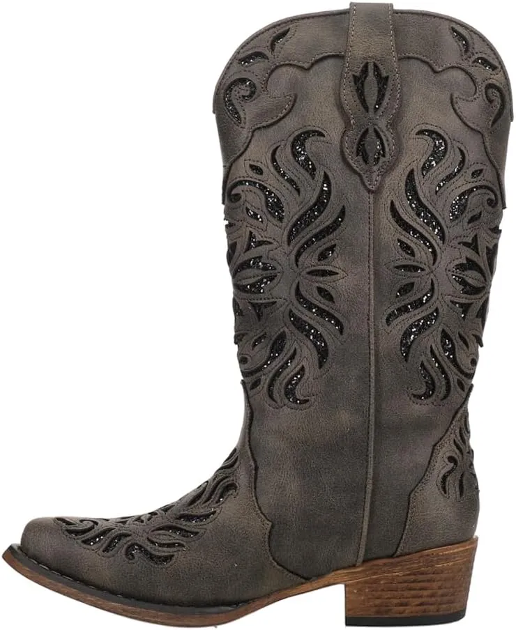 ROPER Womens Riley Glitter Tooled Inlay Snip Toe Casual Boots Mid Calf Low Heel 1-2" - Off White