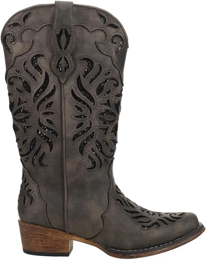 ROPER Womens Riley Glitter Tooled Inlay Snip Toe Casual Boots Mid Calf Low Heel 1-2" - Off White