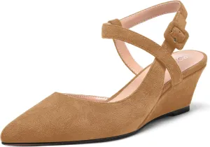 ROSERWISH Womens Buckle Ankle Strap Wedding Suede Fashion Elegant Pointed Toe Wedge Low Heel Pumps Dress Shoes 2 Inch