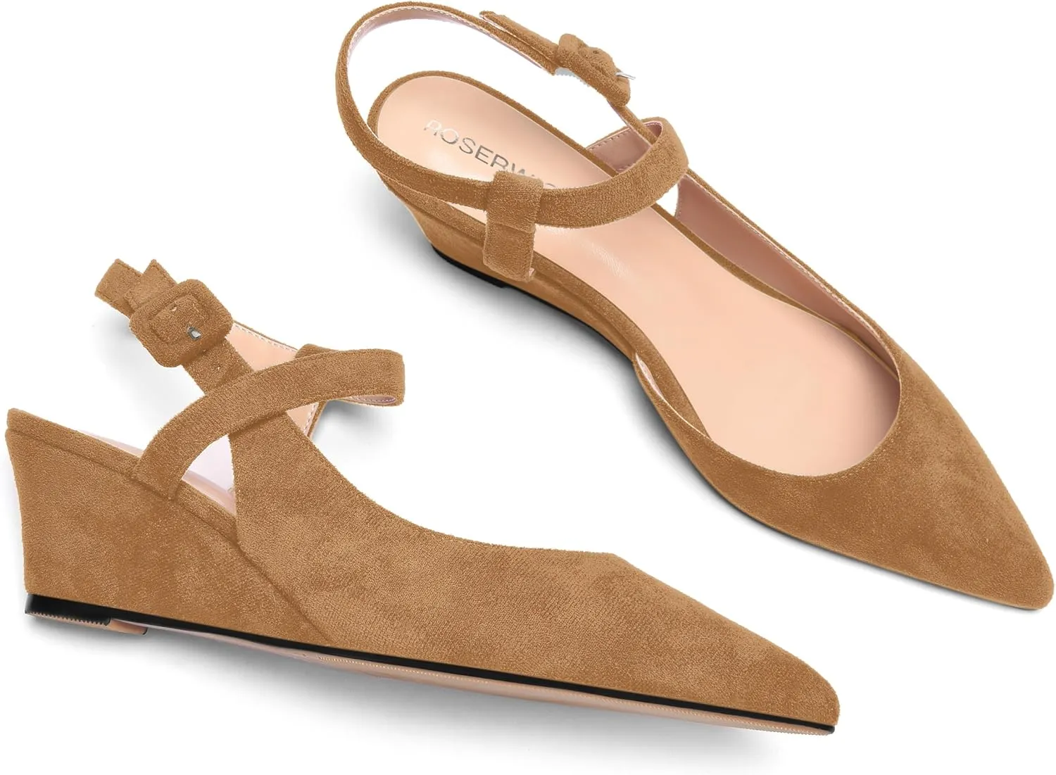 ROSERWISH Womens Buckle Ankle Strap Wedding Suede Fashion Elegant Pointed Toe Wedge Low Heel Pumps Dress Shoes 2 Inch