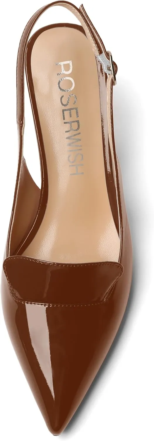 ROSERWISH Womens Sexy Elegant Slingback Patent Pointed Toe Work Stiletto Mid Heel Pumps Dress Shoes 2.5 Inch