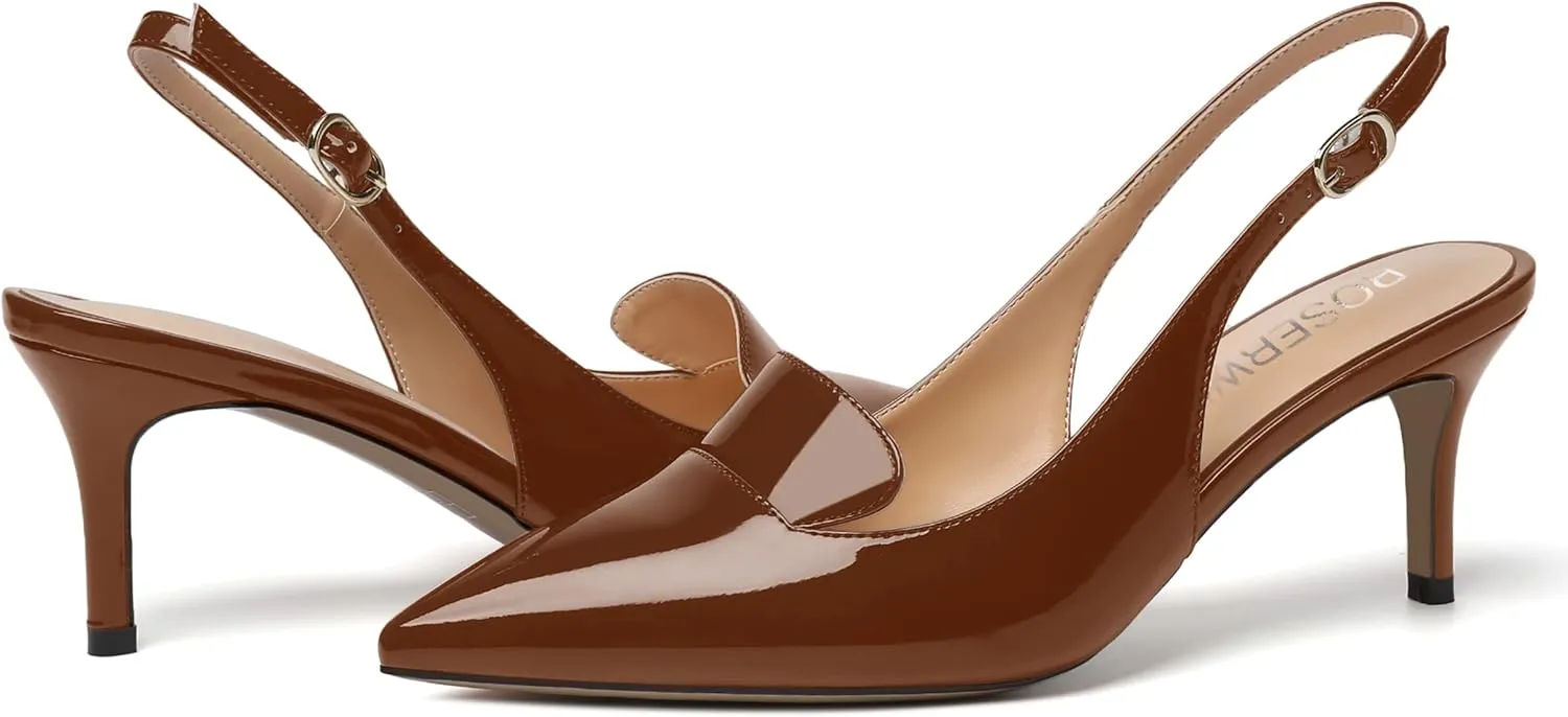 ROSERWISH Womens Sexy Elegant Slingback Patent Pointed Toe Work Stiletto Mid Heel Pumps Dress Shoes 2.5 Inch