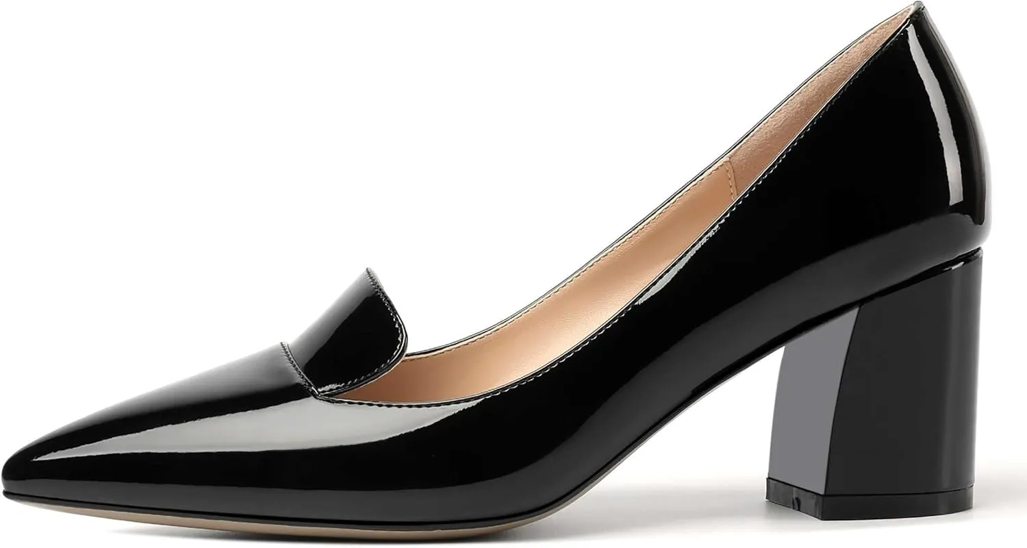 ROSERWISH Womens Slip On Pointed Toe Elegant Sexy Patent Party Chunky High Heel Pumps Dress Shoes 2.5 Inch