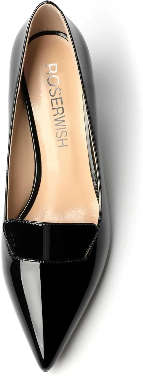 ROSERWISH Womens Slip On Pointed Toe Elegant Sexy Patent Party Chunky High Heel Pumps Dress Shoes 2.5 Inch
