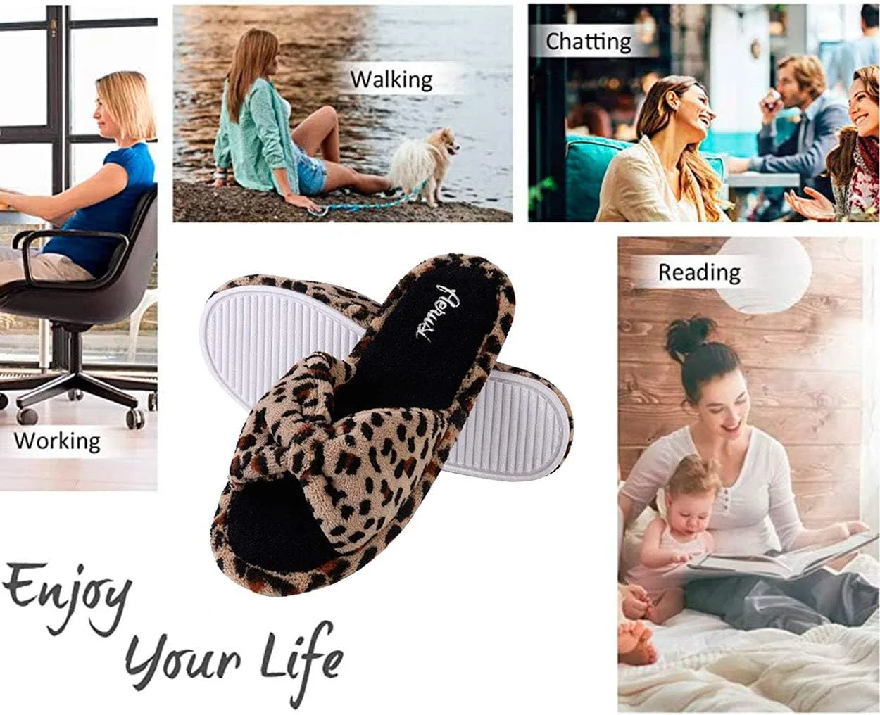 ROXIE Open Toe Slippers for Women Memory Foam House Bedroom Spa Bow Band Slide Slipper House Shoes