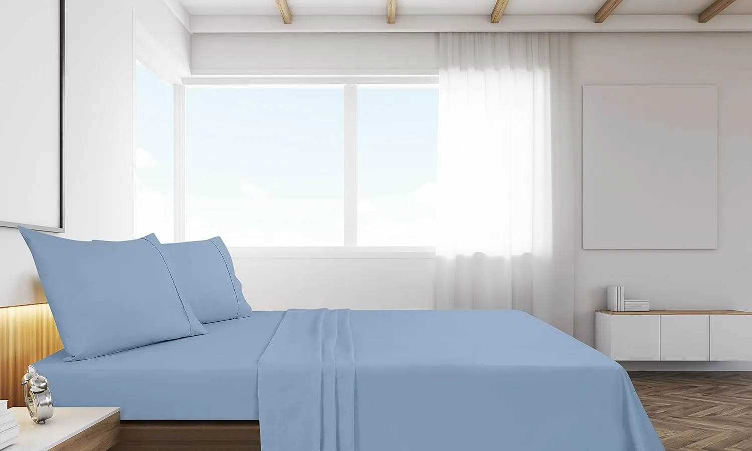 Royale Linens 2 Pack Bulk Flat Sheet Set - Top Sheets - Soft 1800 Microfiber - Wrinkle & Stain Resistant - for Hotel, Massage Table, Hospital, Dorm - King Flat Sheet Sold Separately (King, Lake Blue)