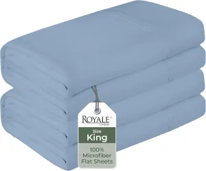 Royale Linens 2 Pack Bulk Flat Sheet Set - Top Sheets - Soft 1800 Microfiber - Wrinkle & Stain Resistant - for Hotel, Massage Table, Hospital, Dorm - King Flat Sheet Sold Separately (King, Lake Blue)