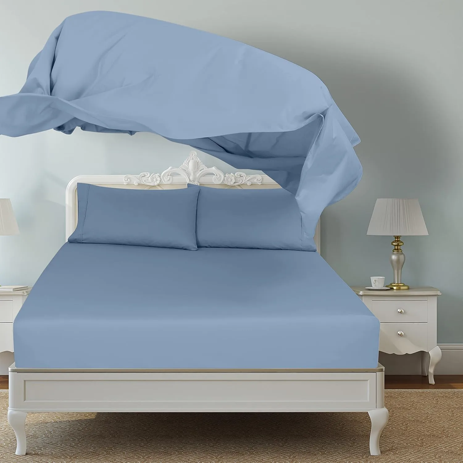 Royale Linens 2 Pack Bulk Flat Sheet Set - Top Sheets - Soft 1800 Microfiber - Wrinkle & Stain Resistant - for Hotel, Massage Table, Hospital, Dorm - King Flat Sheet Sold Separately (King, Lake Blue)