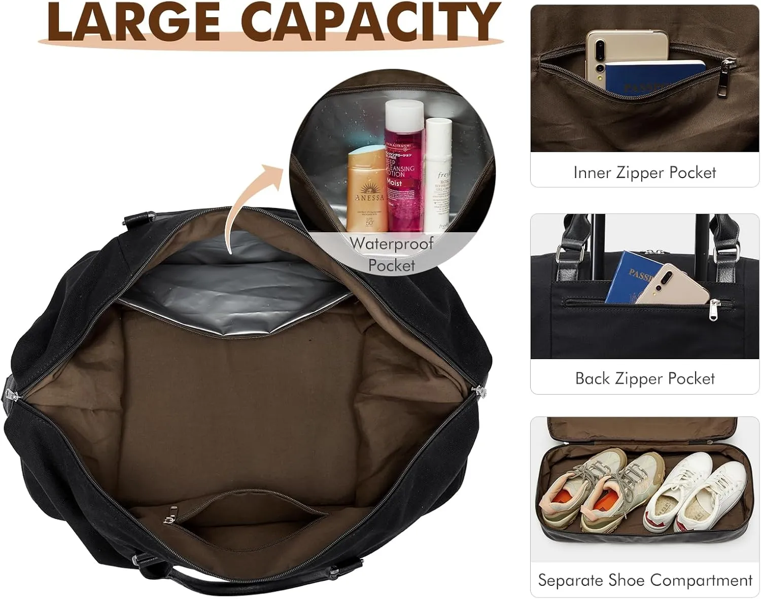 S-ZONE Weekender Bags for Women and Men Travel Duffel Bags with Shoe Compartment Overnight Carry on Duffle Tote Bag