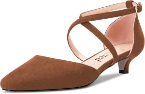Saekcted Women Girl Low Kitten Heel Close Square Toe Cross-Strap Pumps Classic Cute Dress 1.4 Inches Heels