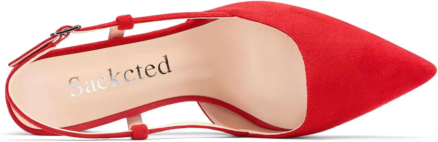 Saekcted Women Mid Chunky Block Heel Pointed Toe Sandals Ankle Strap Slingback Buckle Pumps Wedding Office Dress 2.6 Inches Heels Shoes