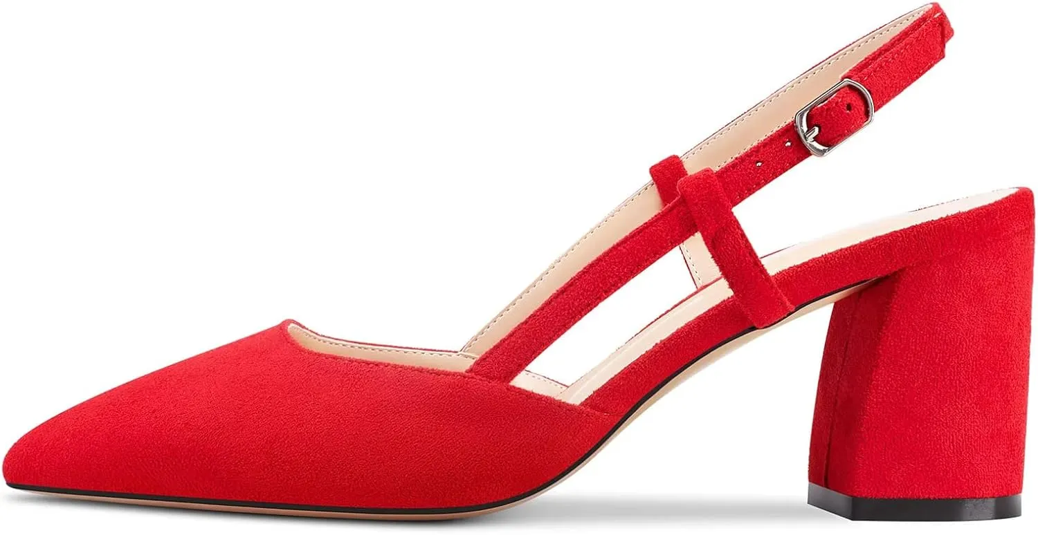 Saekcted Women Mid Chunky Block Heel Pointed Toe Sandals Ankle Strap Slingback Buckle Pumps Wedding Office Dress 2.6 Inches Heels Shoes