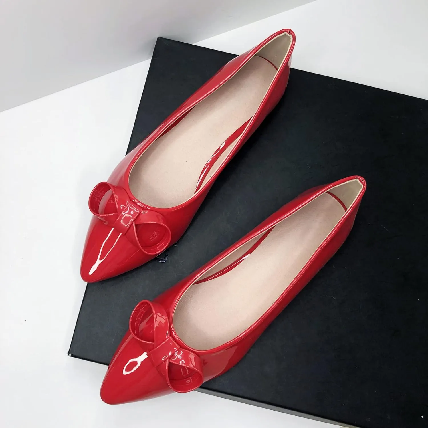 SAILING LU Womens Pointed Toe Shoes PU Ballet Flats Bow-Knot Dress Shoes Slip-on Comfortable Wear to Work Walking Flat Slip-ons