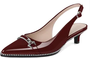 SAMMITOP Slingback Kitten Heels Low Heel Beaded Pumps Pointed Toe with Buckle Strap Heeled Sandals Wedding Party Office Dress Shoes 1.6 Inch