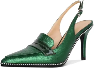 SAMMITOP Womens Slingback High Heel Pumps 3.5" Stiletto Pointed Toe Beaded Pumps Slip On Loafers Heels Elegant Dress Shoes