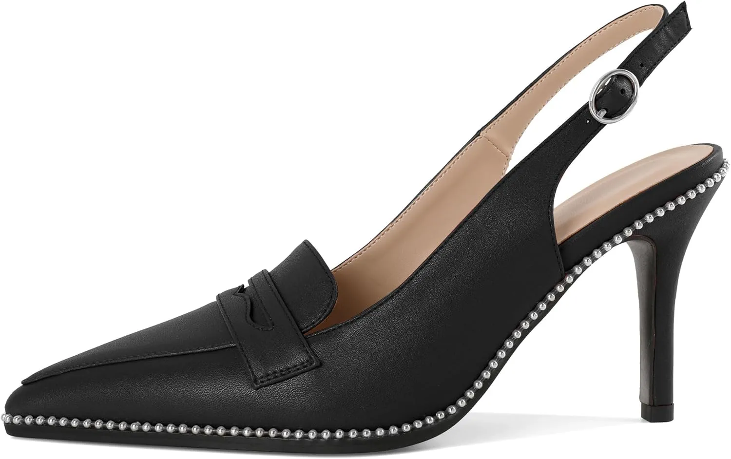 SAMMITOP Womens Slingback High Heel Pumps 3.5" Stiletto Pointed Toe Beaded Pumps Slip On Loafers Heels Elegant Dress Shoes