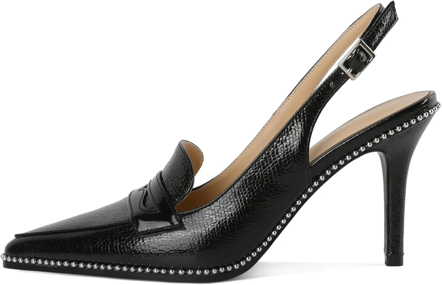 SAMMITOP Womens Slingback High Heel Pumps 3.5" Stiletto Pointed Toe Beaded Pumps Slip On Loafers Heels Elegant Dress Shoes