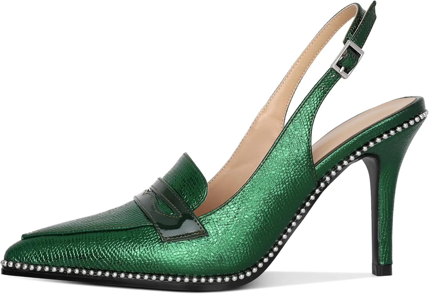 SAMMITOP Womens Slingback High Heel Pumps 3.5" Stiletto Pointed Toe Beaded Pumps Slip On Loafers Heels Elegant Dress Shoes