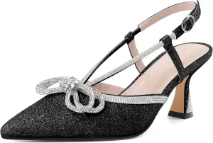 SAMMITOP Women's Slingback Rhinstone Bow Heels Low Kitten Heel Double Bow Pumps Pointed Toe Adjustable Ankle Strap Sparkly Prom Wedding Dress Shoes 2.5 Inch