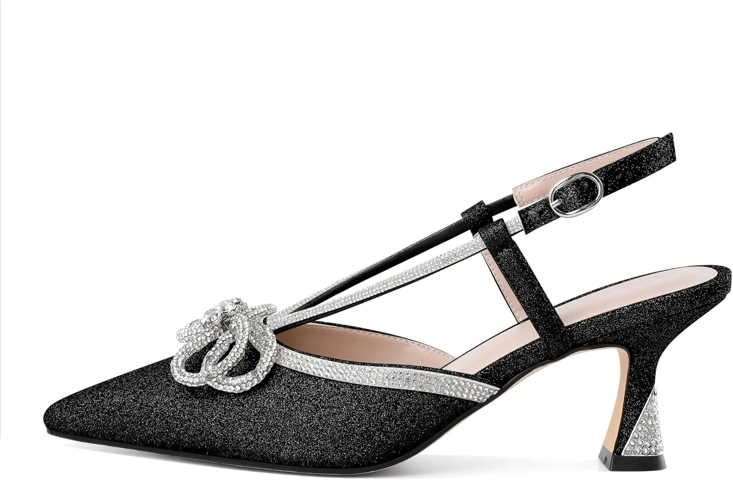 SAMMITOP Women's Slingback Rhinstone Bow Heels Low Kitten Heel Double Bow Pumps Pointed Toe Adjustable Ankle Strap Sparkly Prom Wedding Dress Shoes 2.5 Inch