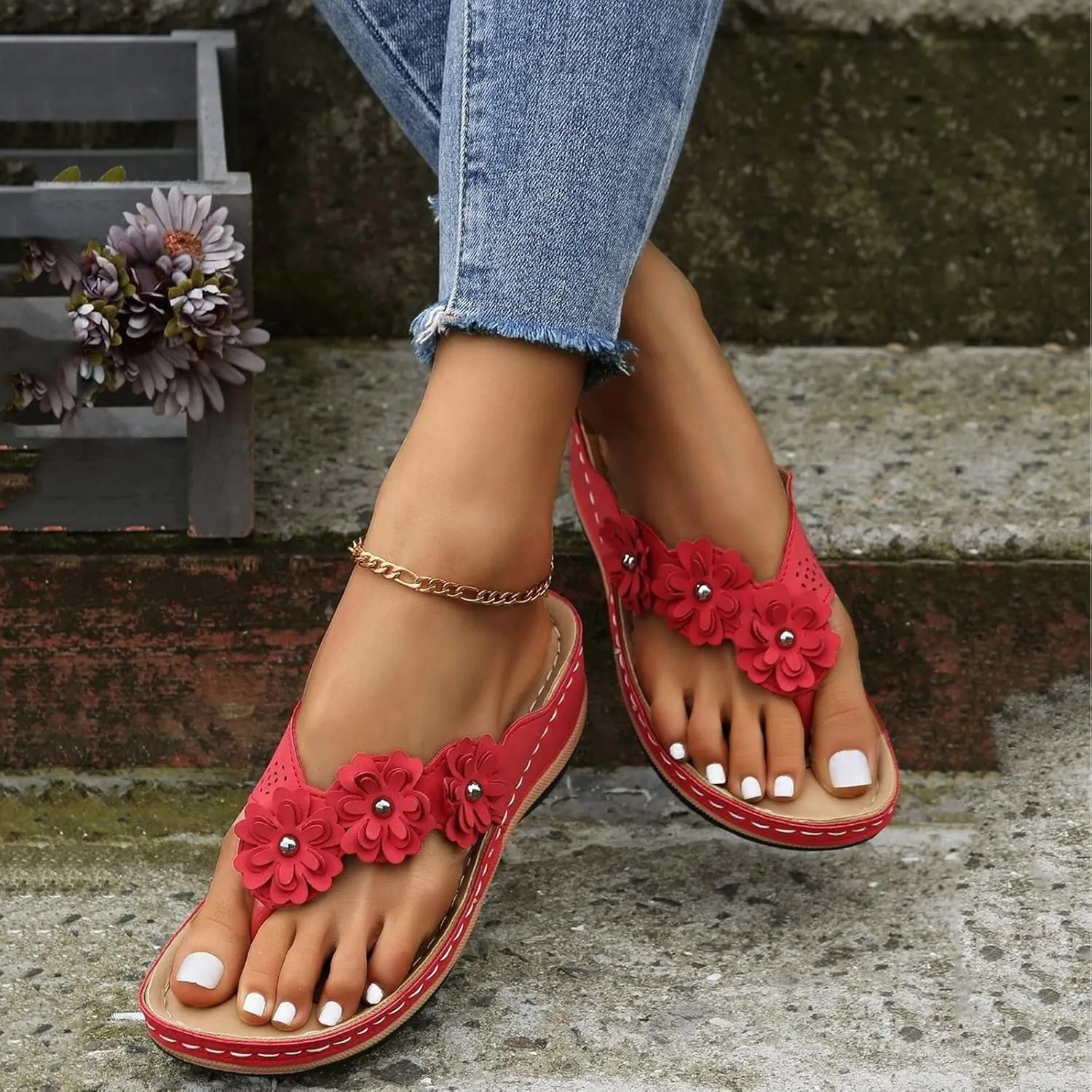 Sandals Women's Mules Heel Orthopaedic Breathable Beach Outdoor Summer Shoes Comfortable Trendy with Rhinestone Flip Flops