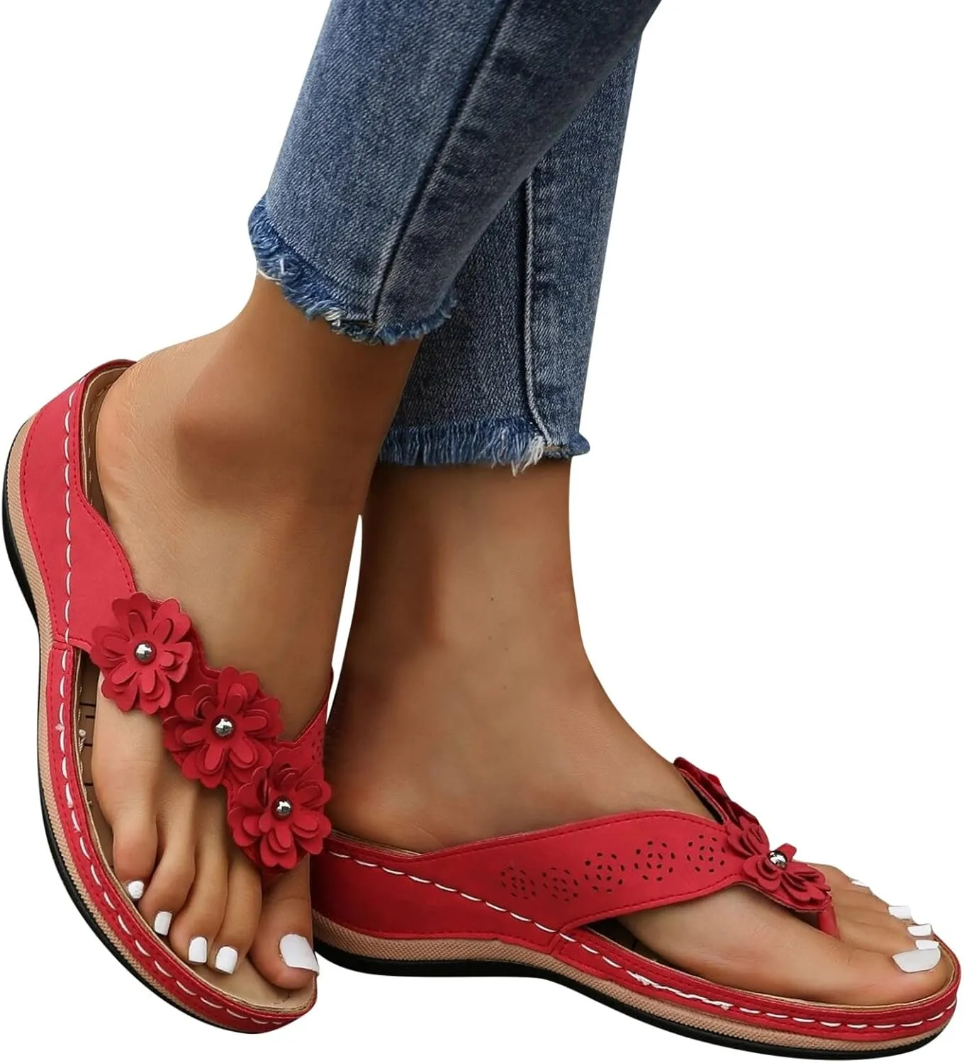 Sandals Women's Mules Heel Orthopaedic Breathable Beach Outdoor Summer Shoes Comfortable Trendy with Rhinestone Flip Flops