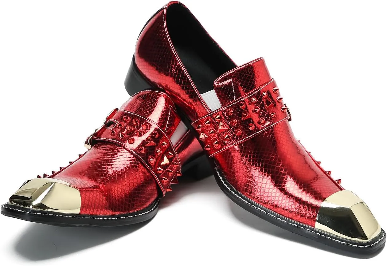 Santimon Men's Loafers Slip On Casual Dress Shoes Metal-Square Toe Genuine Leather Beaded Double Buckle Monk Strap Loafers Fashion Wedding Porm Party Moccasins Disco Singer Tuxedo Shoes for Men
