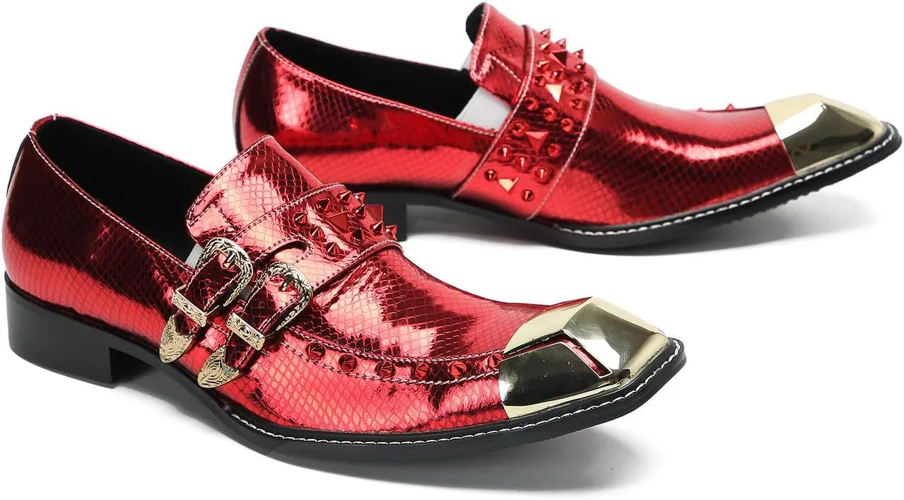 Santimon Men's Loafers Slip On Casual Dress Shoes Metal-Square Toe Genuine Leather Beaded Double Buckle Monk Strap Loafers Fashion Wedding Porm Party Moccasins Disco Singer Tuxedo Shoes for Men