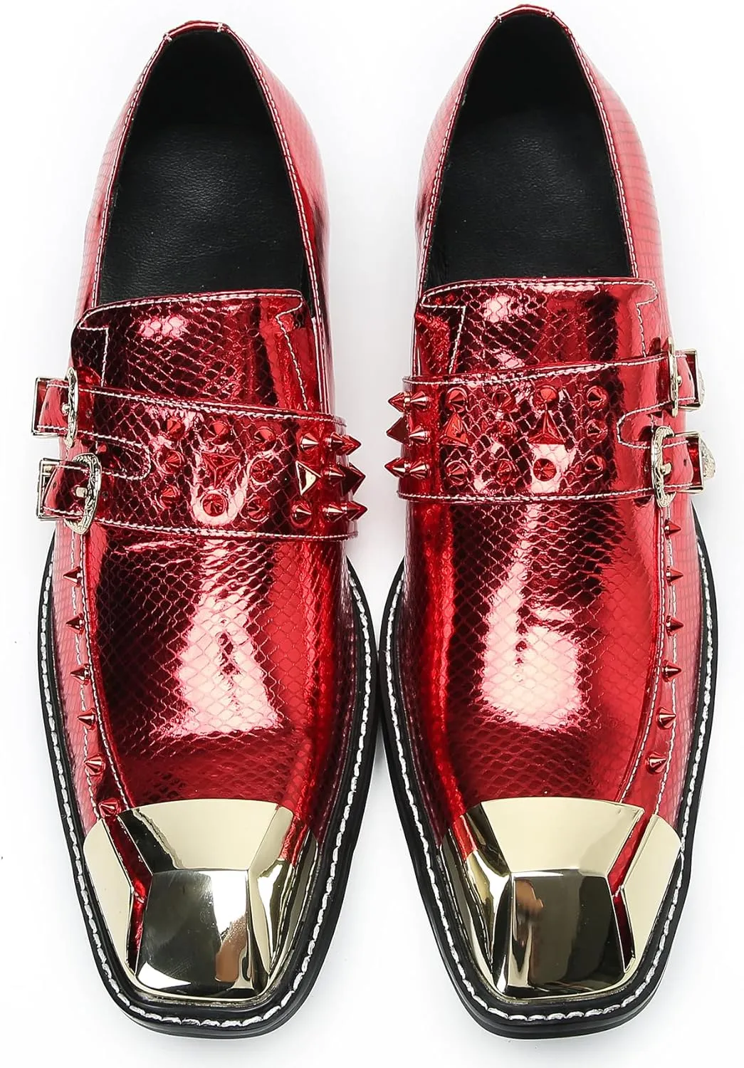 Santimon Men's Loafers Slip On Casual Dress Shoes Metal-Square Toe Genuine Leather Beaded Double Buckle Monk Strap Loafers Fashion Wedding Porm Party Moccasins Disco Singer Tuxedo Shoes for Men