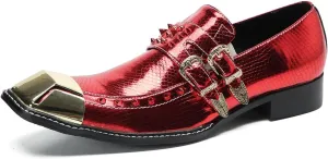 Santimon Men's Loafers Slip On Casual Dress Shoes Metal-Square Toe Genuine Leather Beaded Double Buckle Monk Strap Loafers Fashion Wedding Porm Party Moccasins Disco Singer Tuxedo Shoes for Men