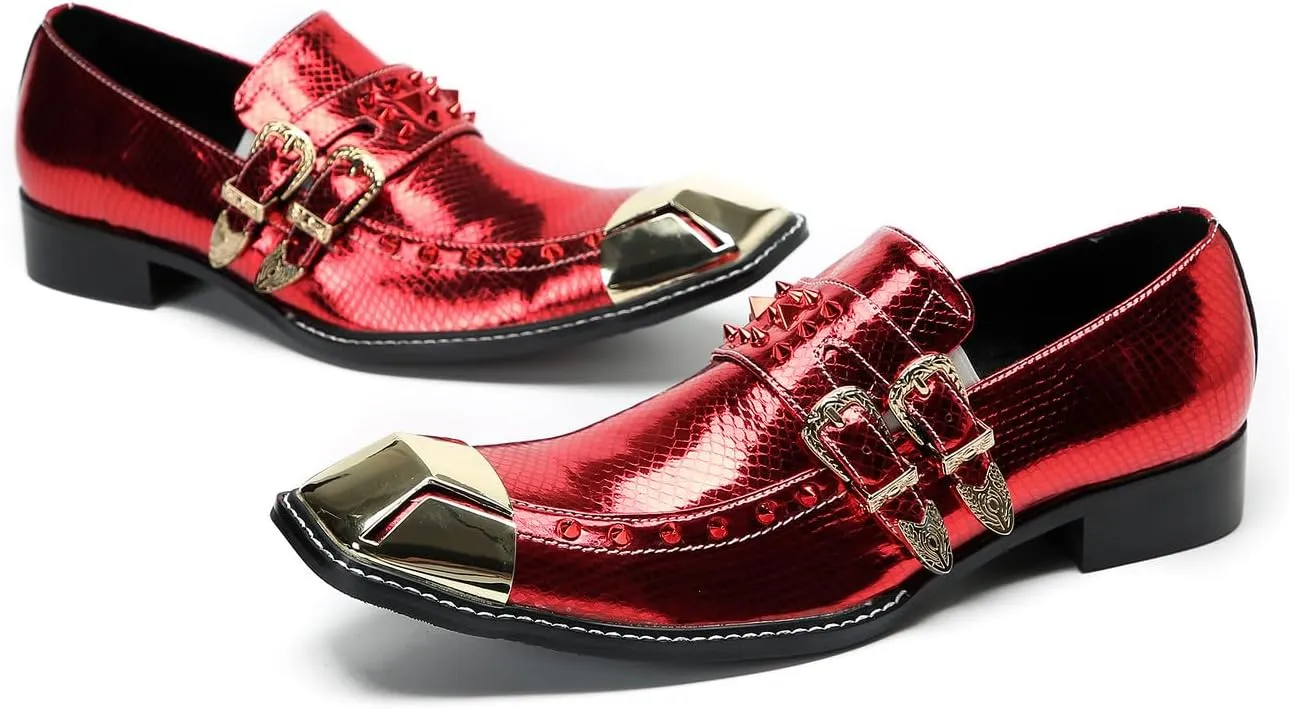 Santimon Men's Loafers Slip On Casual Dress Shoes Metal-Square Toe Genuine Leather Beaded Double Buckle Monk Strap Loafers Fashion Wedding Porm Party Moccasins Disco Singer Tuxedo Shoes for Men