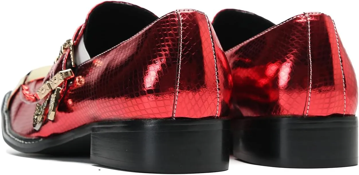 Santimon Men's Loafers Slip On Casual Dress Shoes Metal-Square Toe Genuine Leather Beaded Double Buckle Monk Strap Loafers Fashion Wedding Porm Party Moccasins Disco Singer Tuxedo Shoes for Men