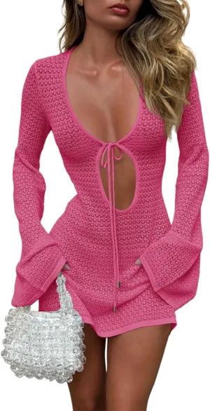 Saodimallsu Womens Crochet Swimsuit Cover Up Long Bell Sleeve V Neck Tie Mesh Knit Summer Beach Dress Vacation Outfits