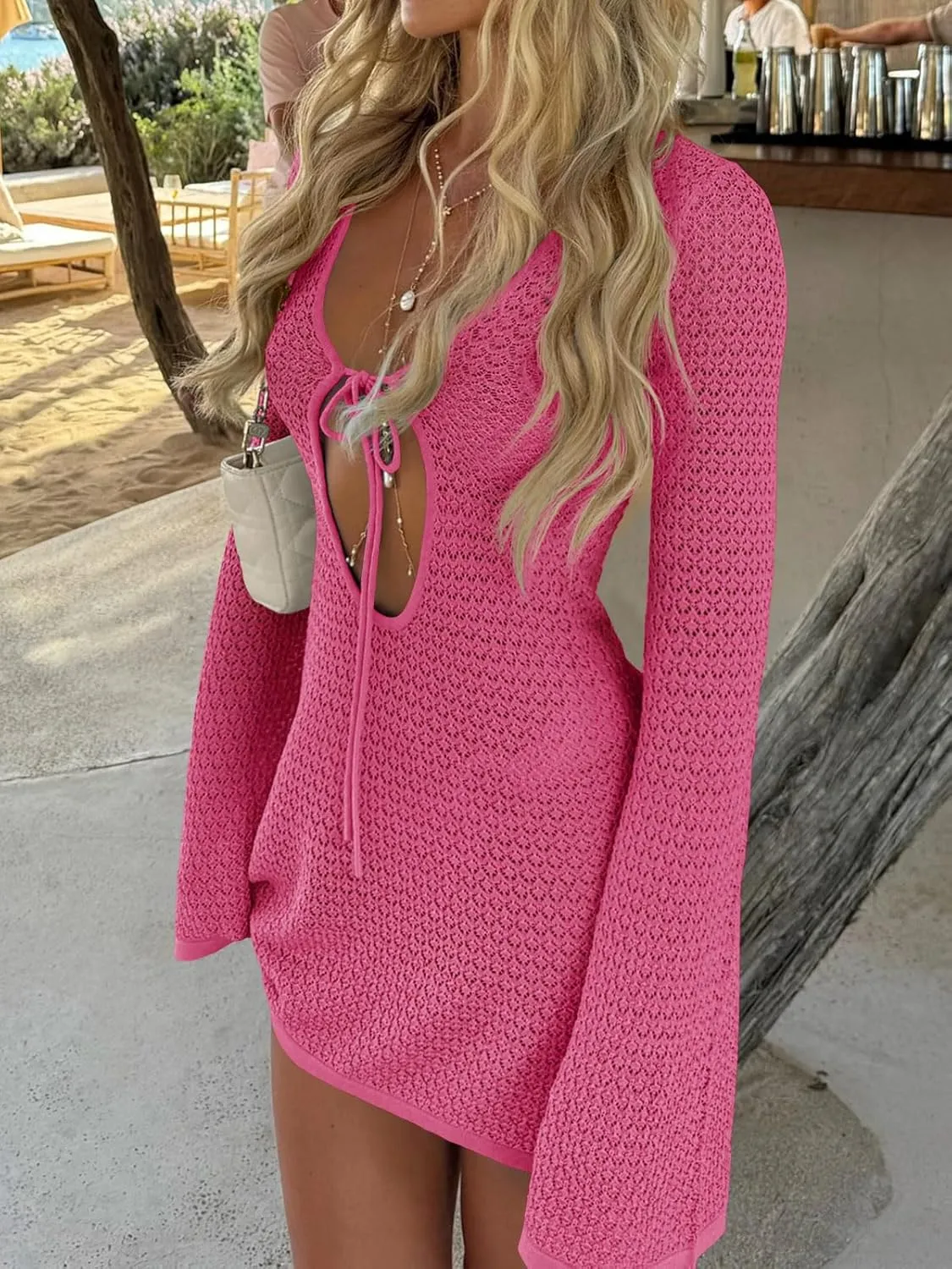 Saodimallsu Womens Crochet Swimsuit Cover Up Long Bell Sleeve V Neck Tie Mesh Knit Summer Beach Dress Vacation Outfits
