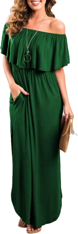 Sarin Mathews Womens Off The Shoulder Ruffle Party Dress Casual Side Split Beach Long Maxi Dresses with Pockets