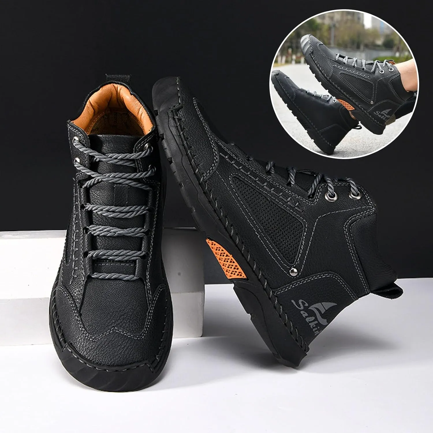 Sawbehind, Sawbehind Men's Comfortable Handmade Leather Boots, Arch Support Flat Sole Waterproof Everyday Wear