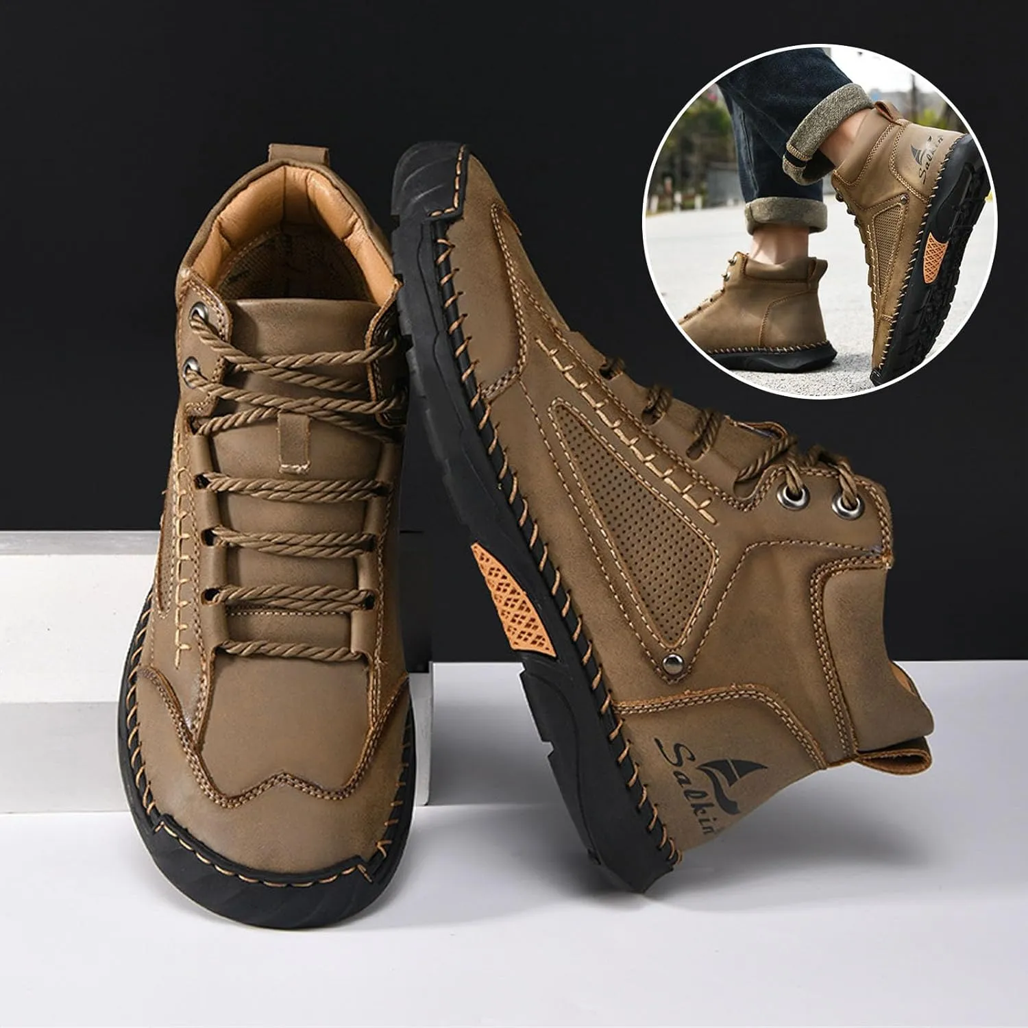 Sawbehind, Sawbehind Men's Comfortable Handmade Leather Boots, Arch Support Flat Sole Waterproof Everyday Wear